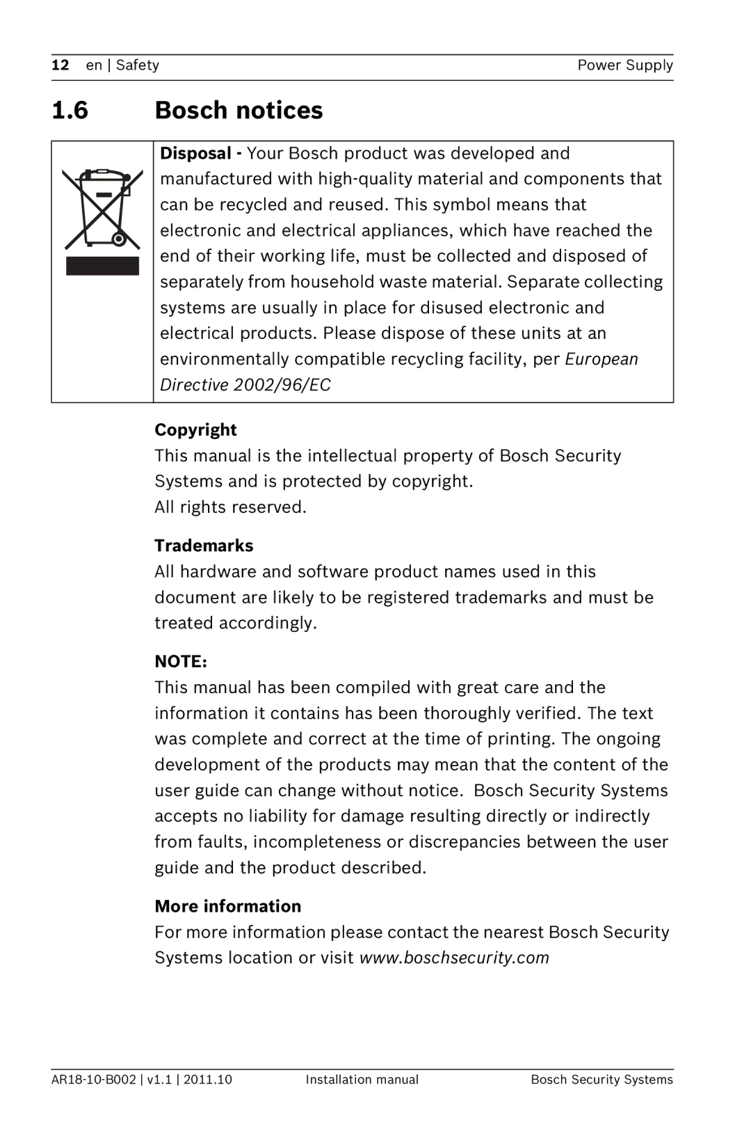Bosch Appliances PSU-124-DC050 installation manual Bosch notices, Copyright, Trademarks, More information 