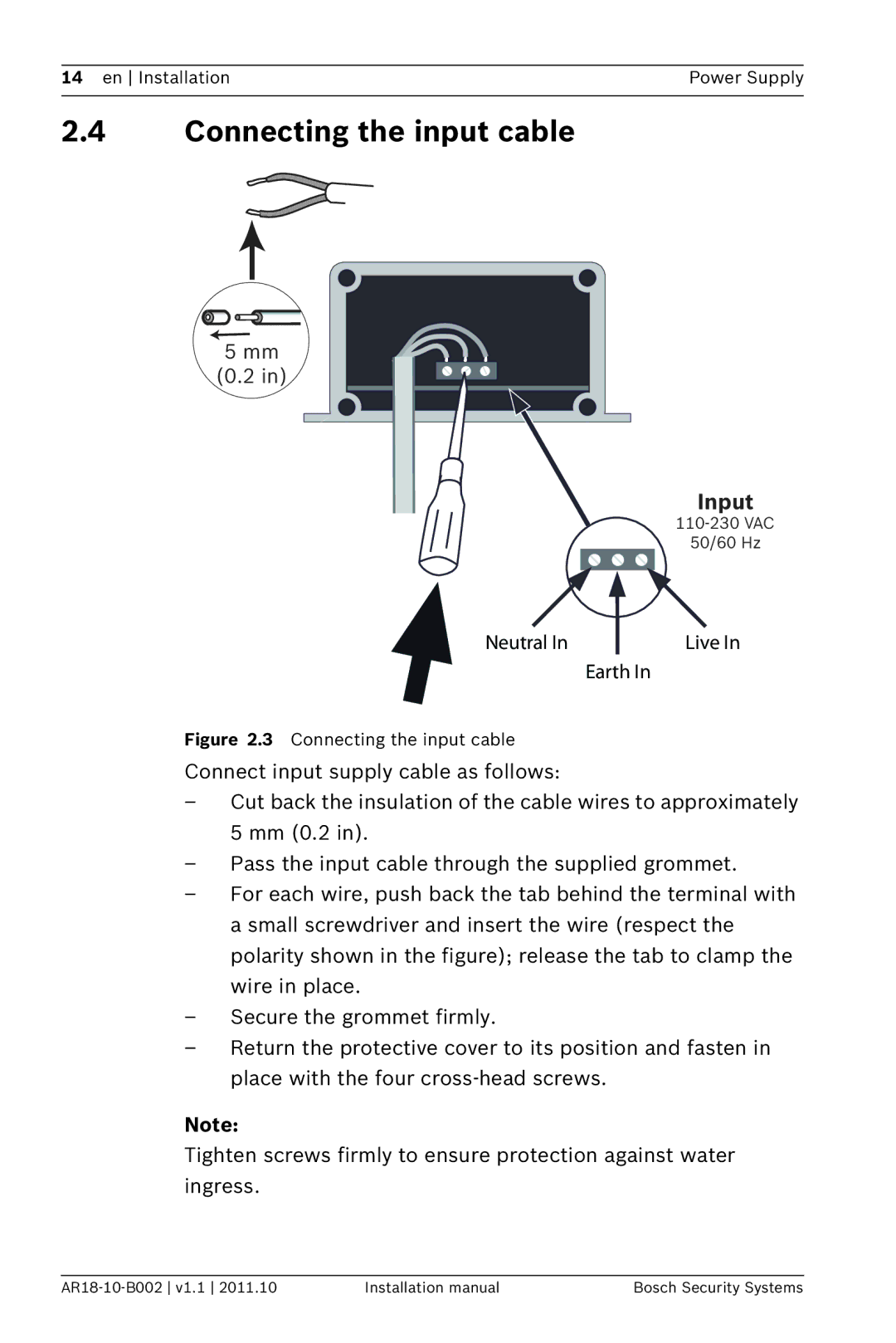 Bosch Appliances PSU-124-DC050 installation manual Connecting the input cable, Input 