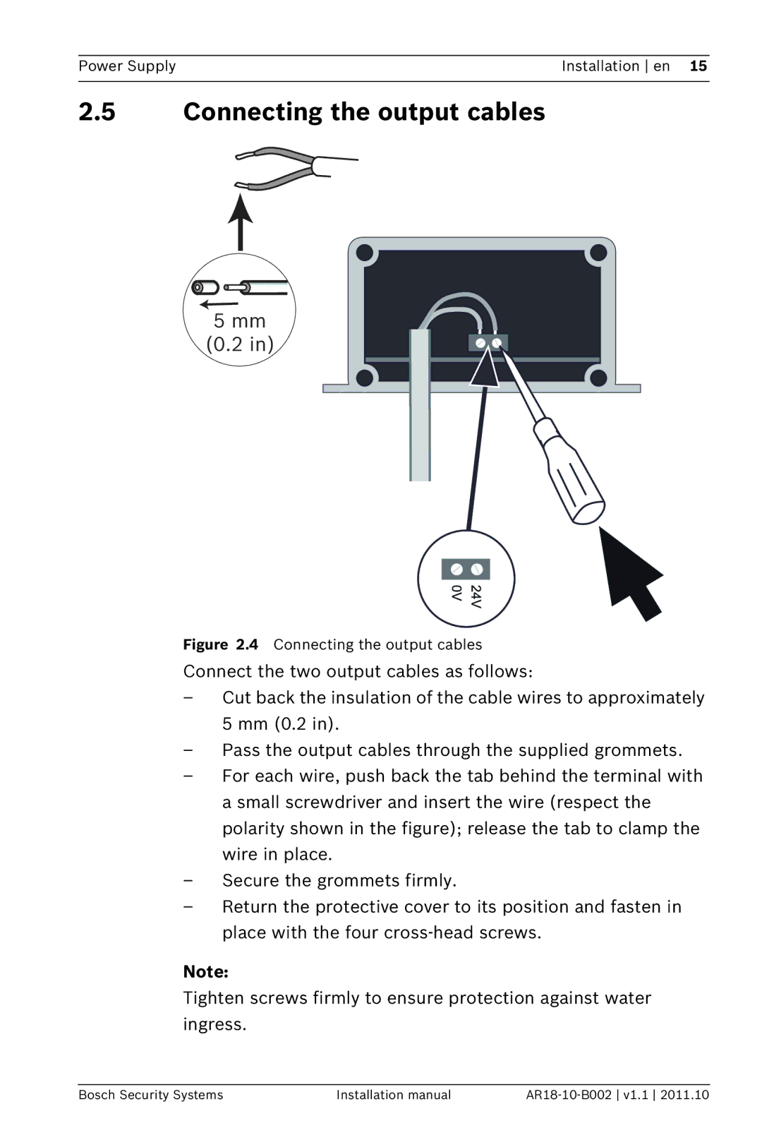 Bosch Appliances PSU-124-DC050 installation manual Connecting the output cables 