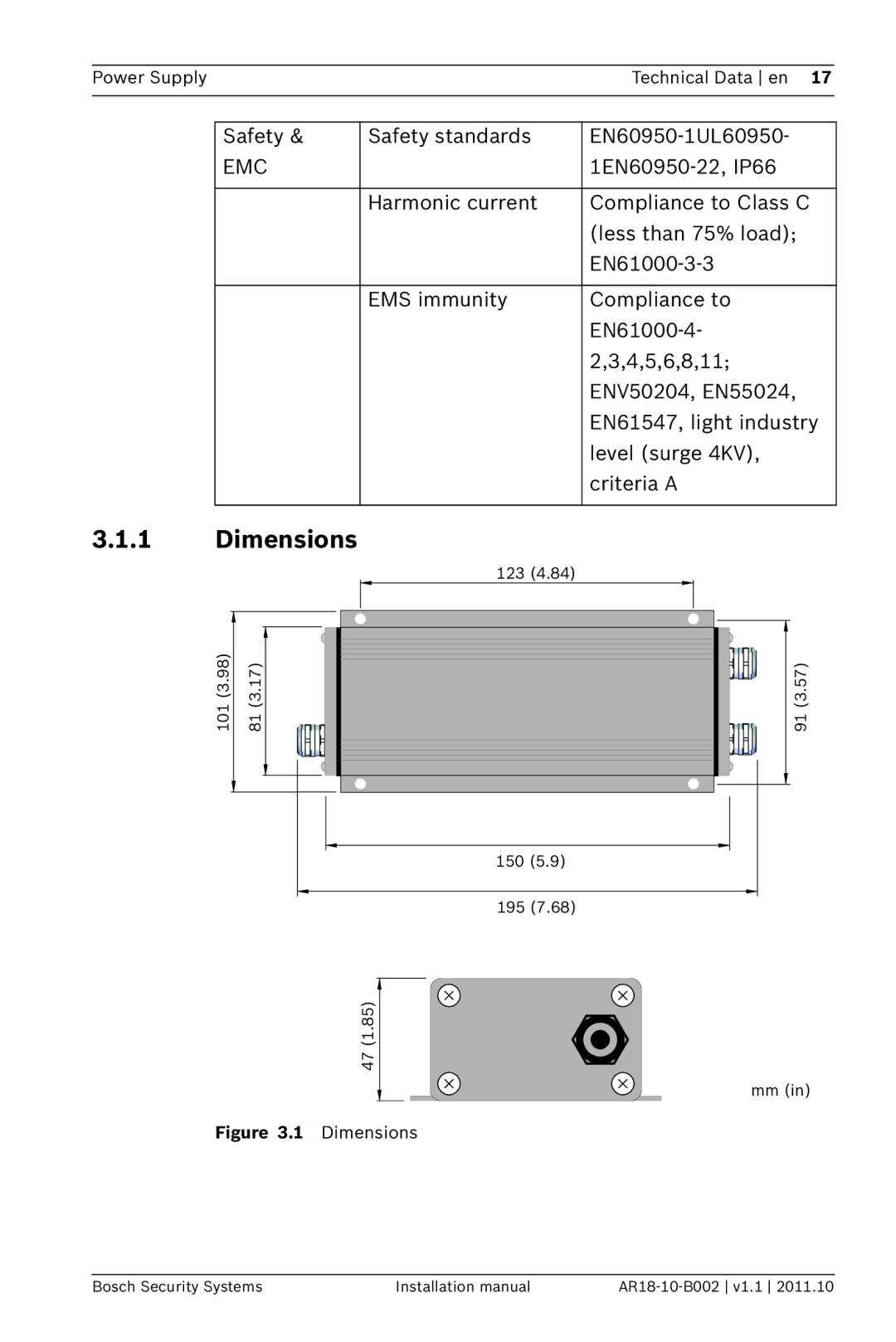 Bosch Appliances PSU-124-DC050 installation manual Dimensions 