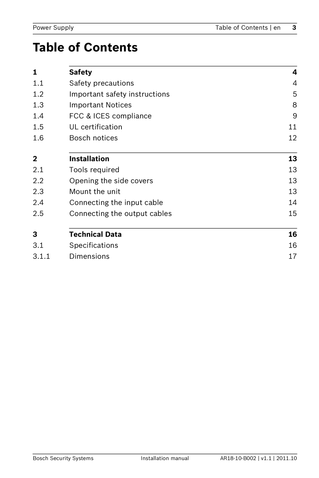 Bosch Appliances PSU-124-DC050 installation manual Table of Contents 