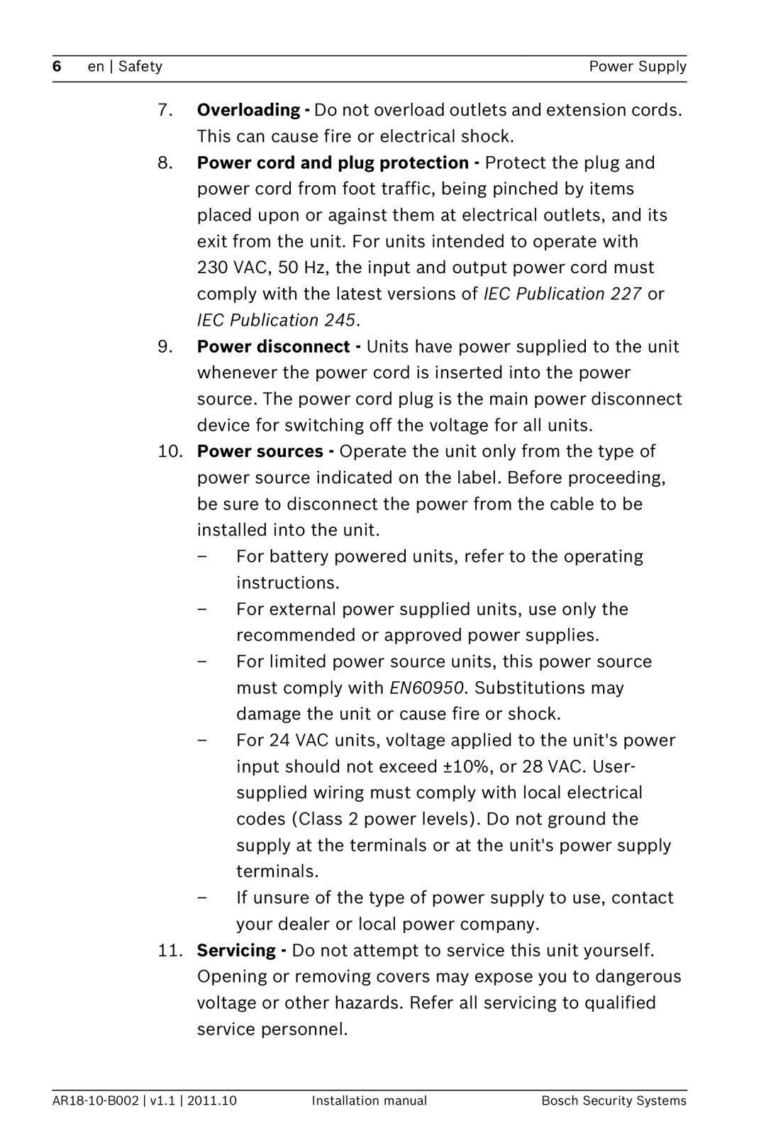 Bosch Appliances PSU-124-DC050 installation manual En Safety Power Supply 