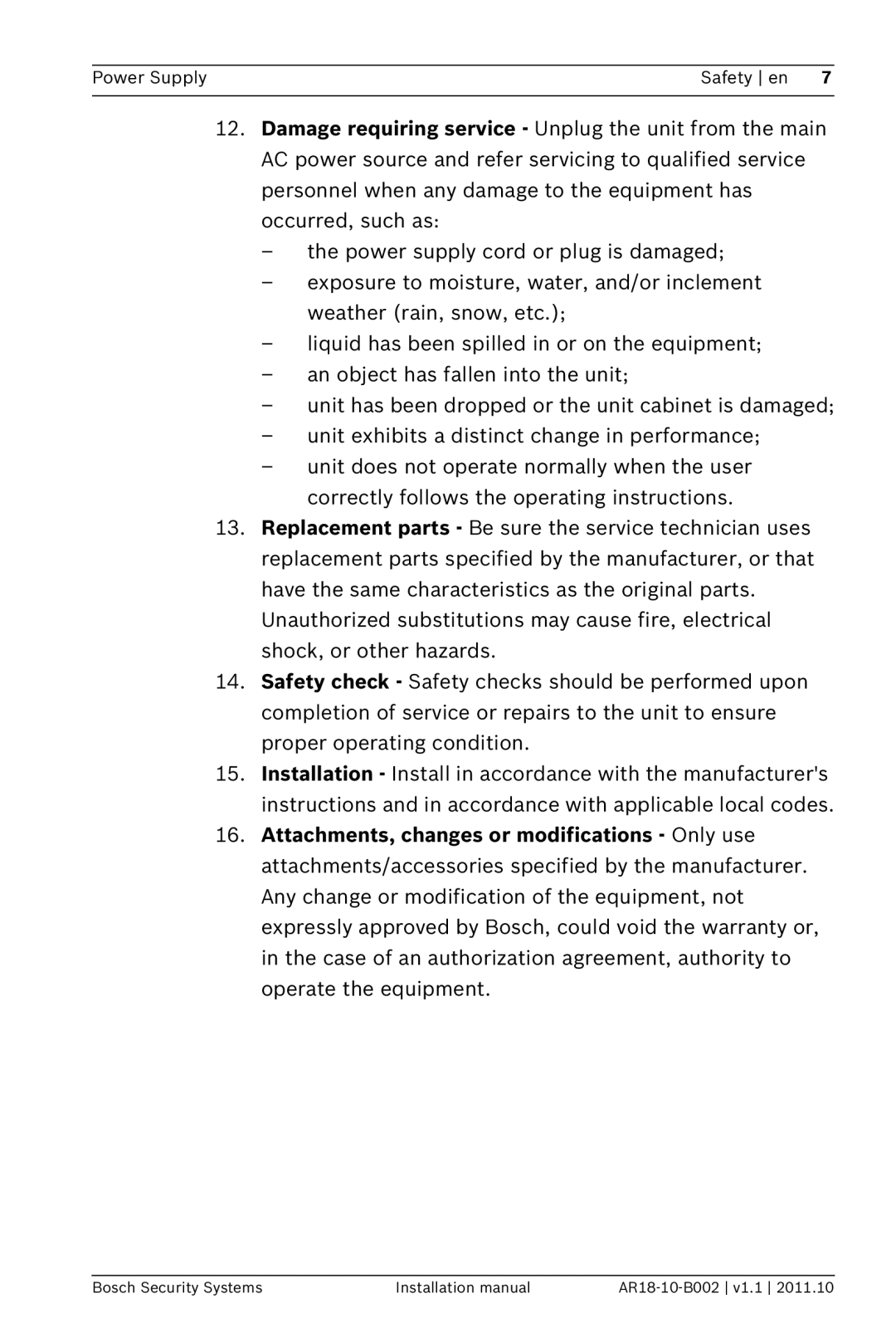 Bosch Appliances PSU-124-DC050 installation manual Power Supply Safety en 