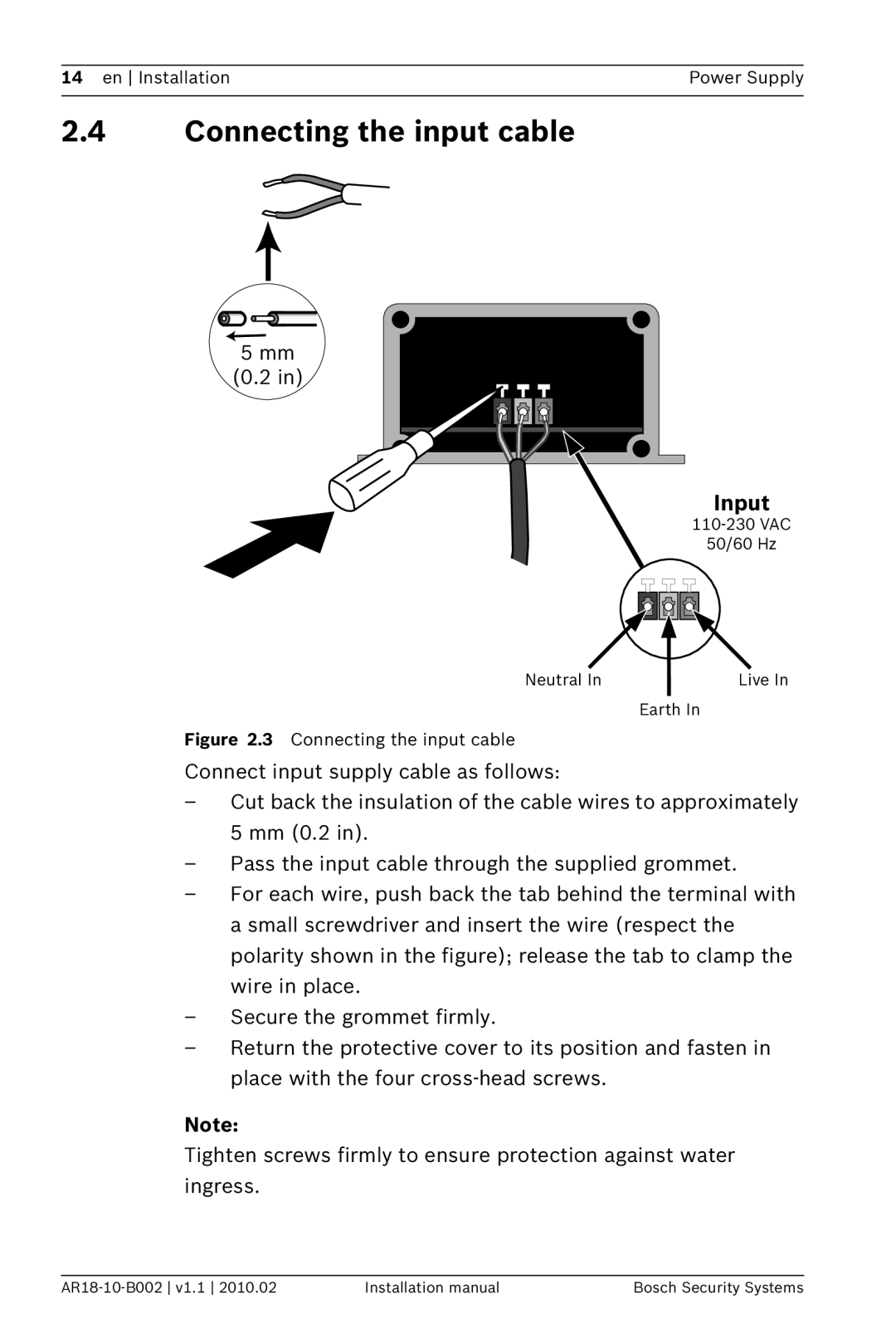 Bosch Appliances PSU-224-DC100 installation manual Connecting the input cable, Input 