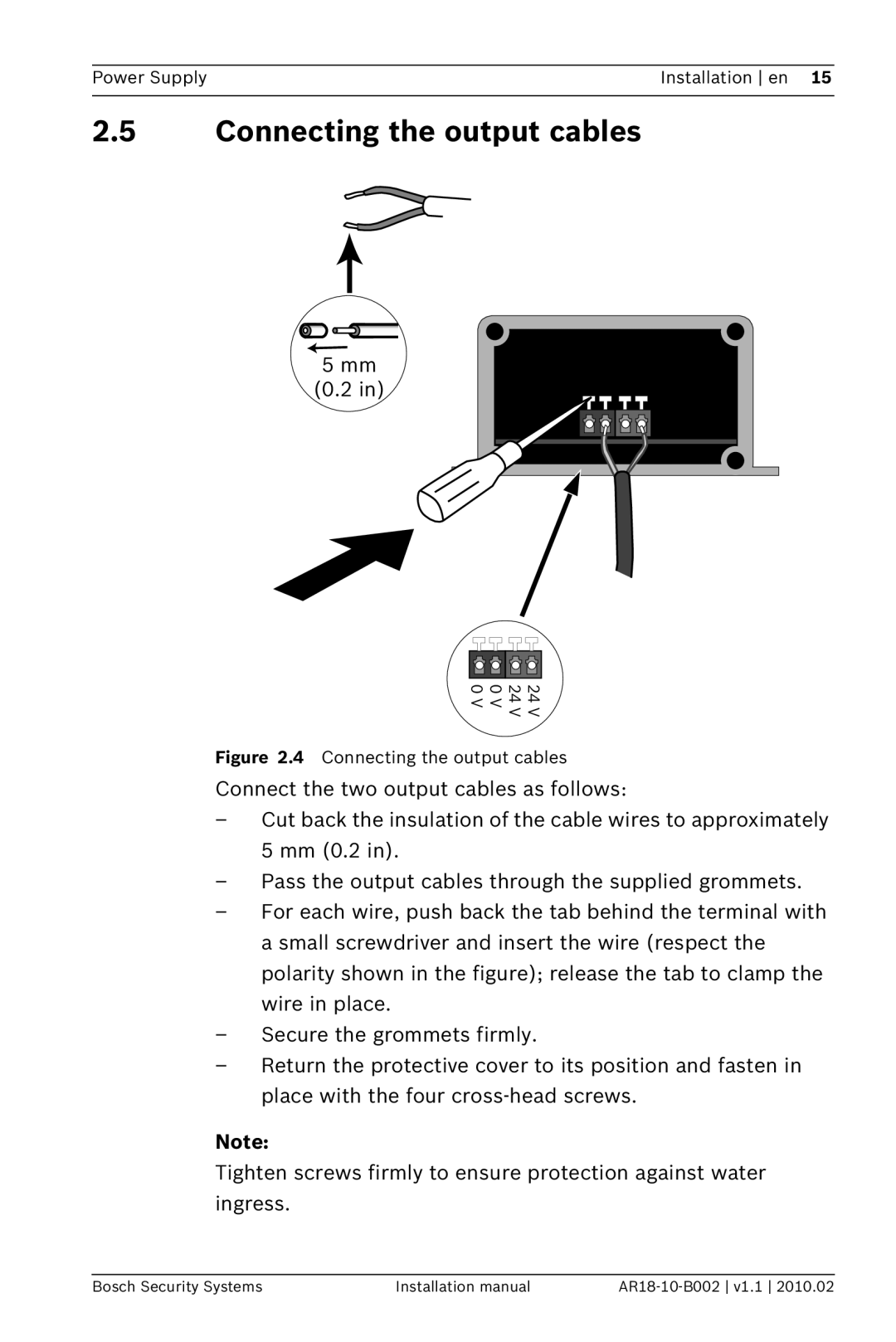 Bosch Appliances PSU-224-DC100 installation manual Connecting the output cables 