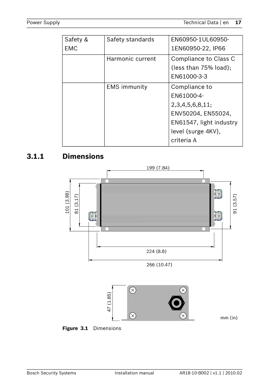 Bosch Appliances PSU-224-DC100 installation manual Dimensions 