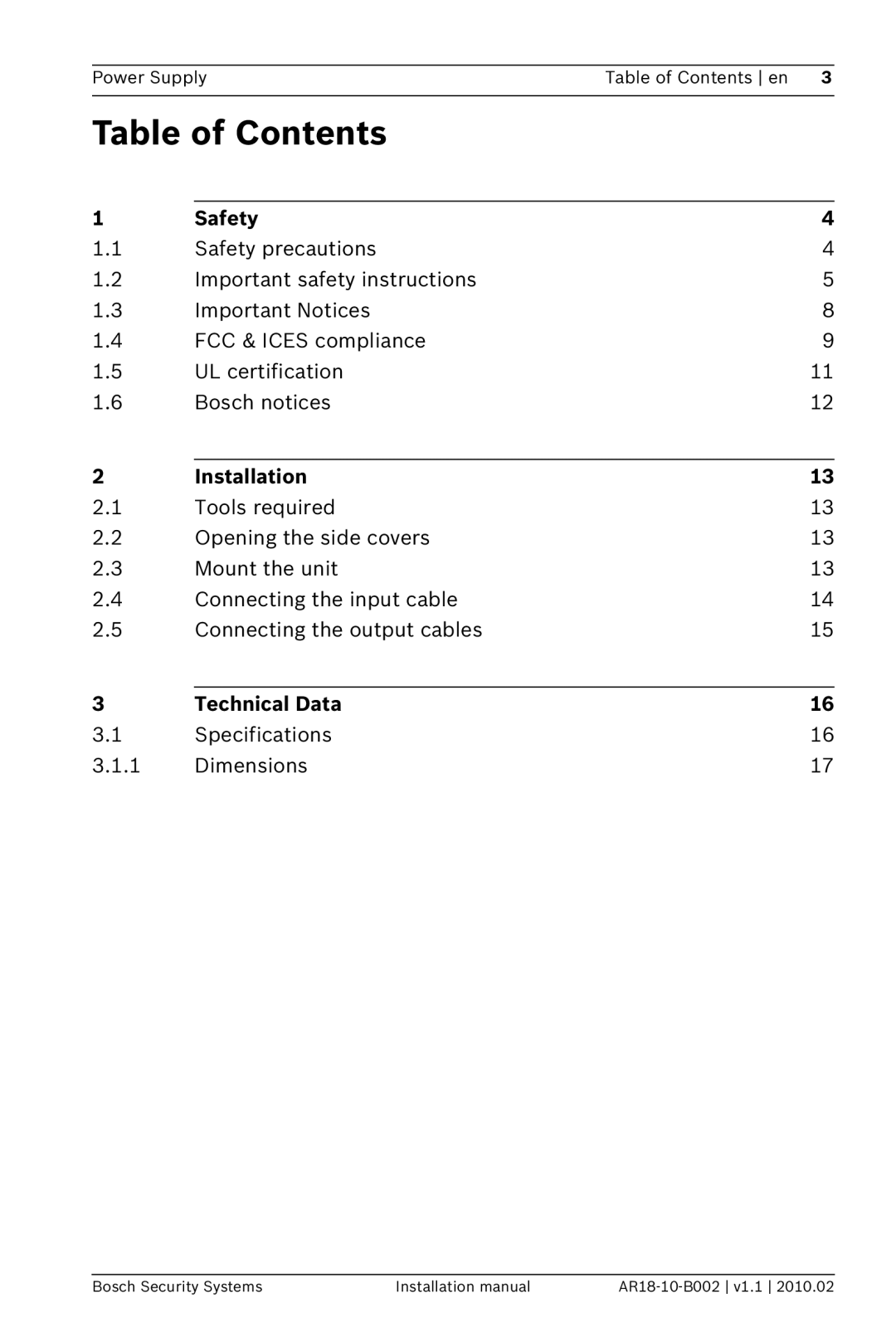 Bosch Appliances PSU-224-DC100 installation manual Table of Contents 