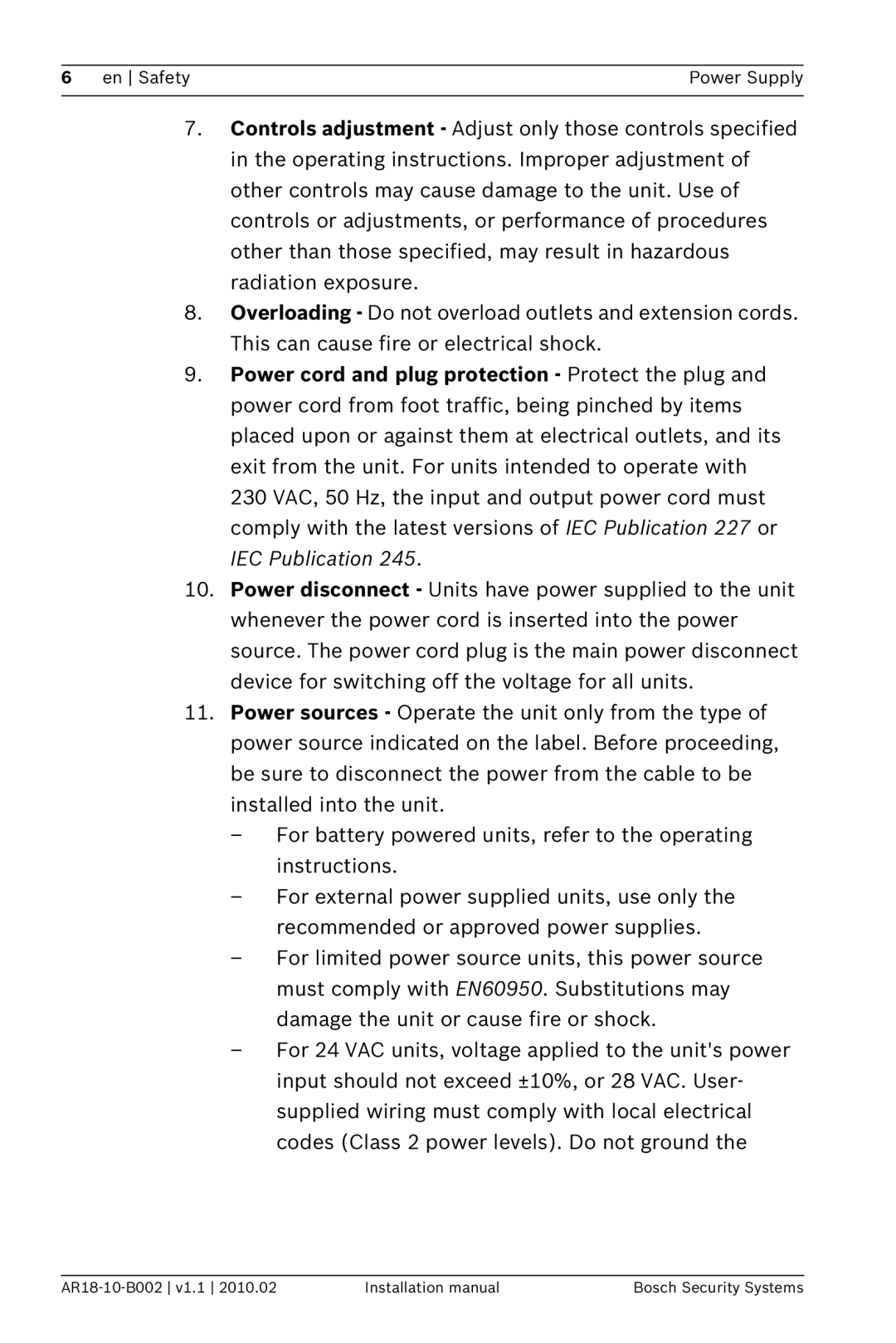 Bosch Appliances PSU-224-DC100 installation manual En Safety Power Supply 