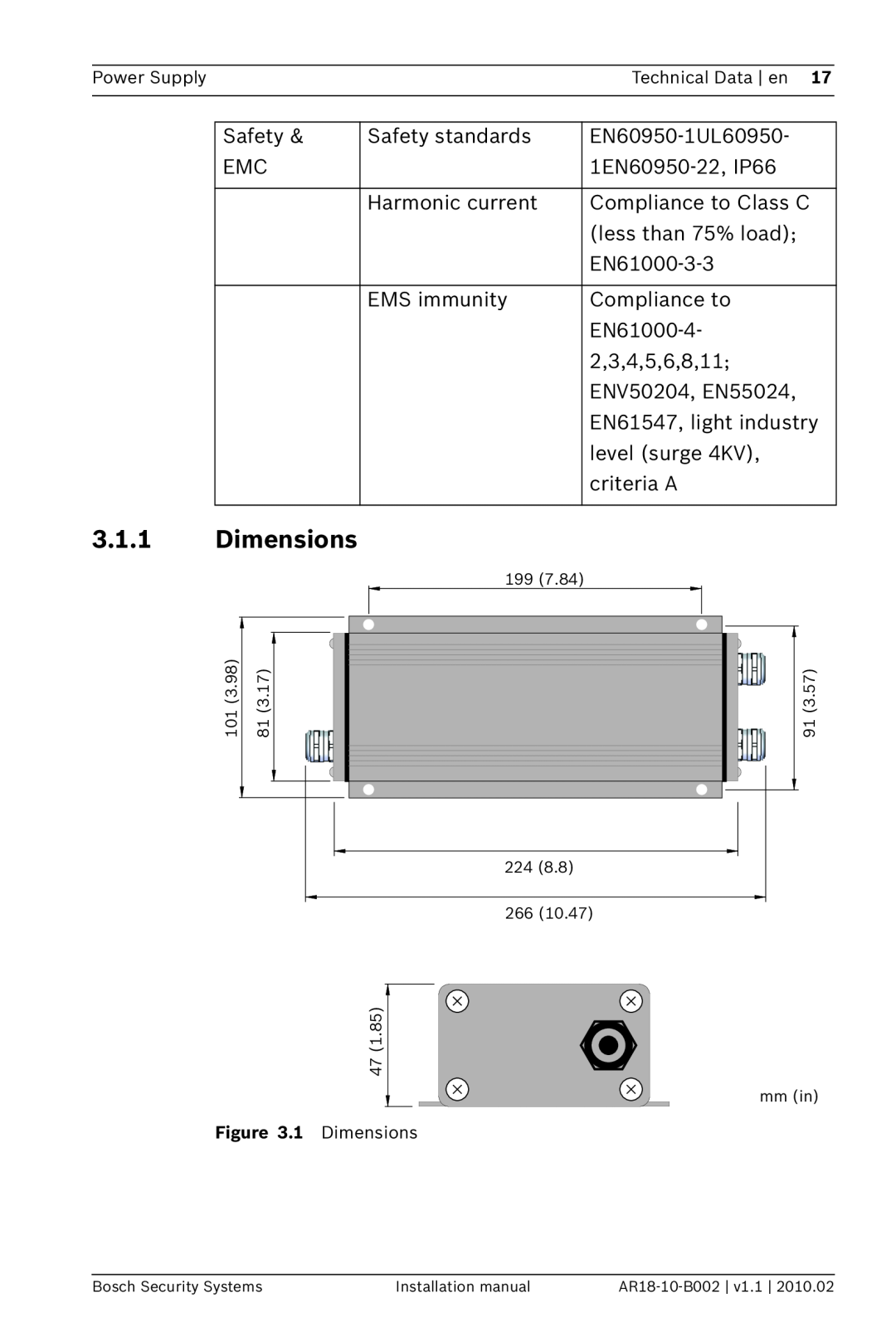 Bosch Appliances PSU-224-DC100 installation manual Dimensions 
