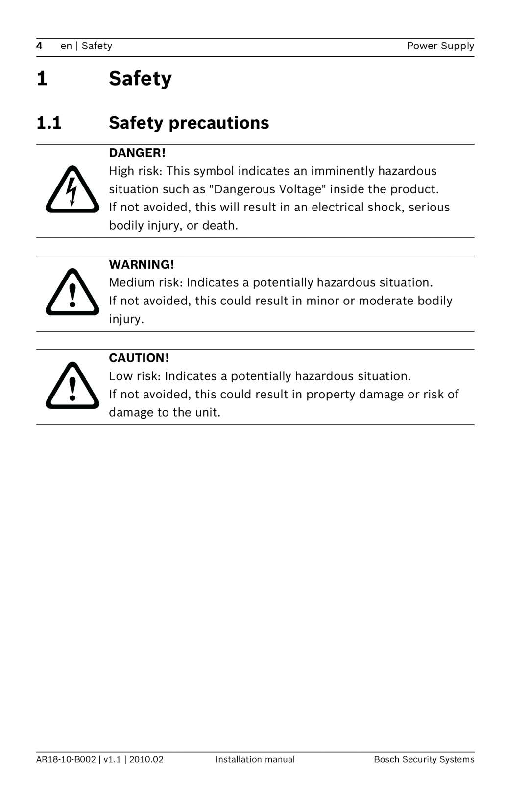 Bosch Appliances PSU-224-DC100 installation manual Safety precautions, Danger 