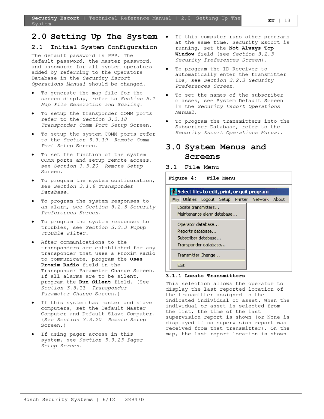 Bosch Appliances PT-400 manual Setting Up The System, System Menus and Screens, Initial System Configuration, File Menu 