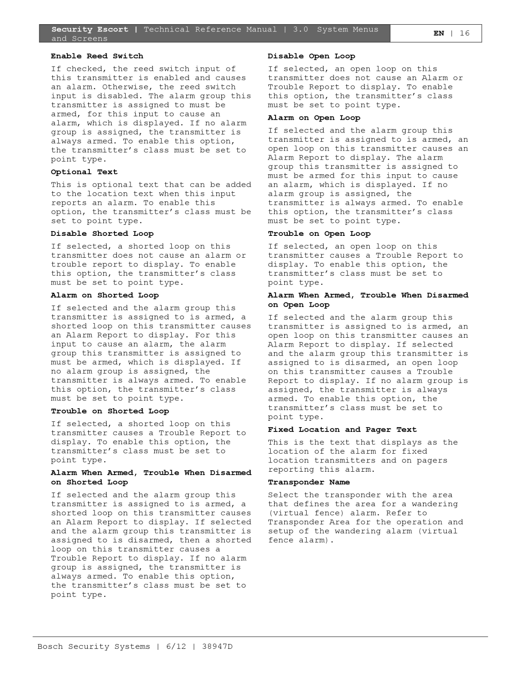 Bosch Appliances PT-400 Enable Reed Switch, Optional Text, Disable Shorted Loop, Alarm on Shorted Loop, Disable Open Loop 