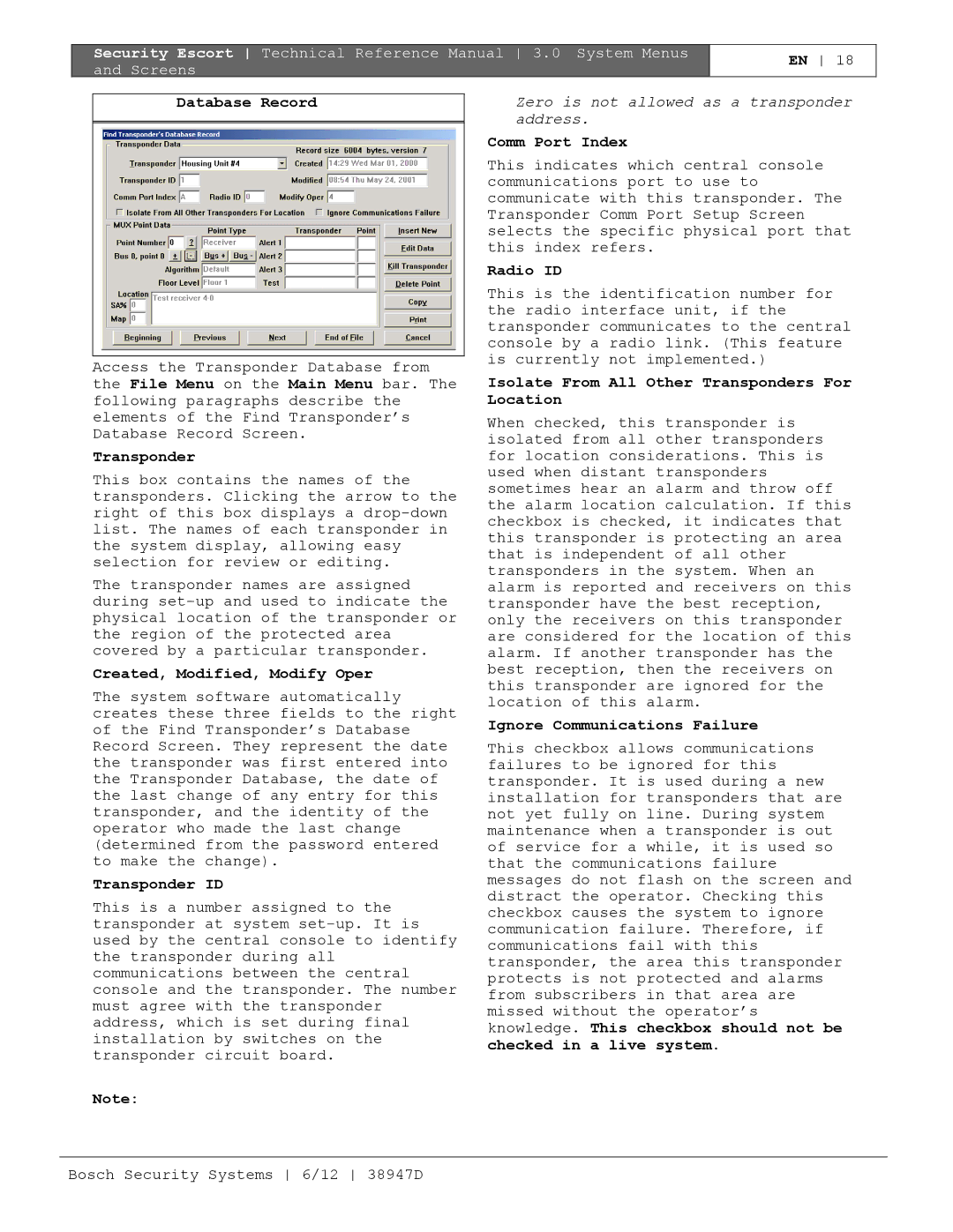 Bosch Appliances PT-400 manual Database Record, Created, Modified, Modify Oper, Transponder ID, Comm Port Index, Radio ID 