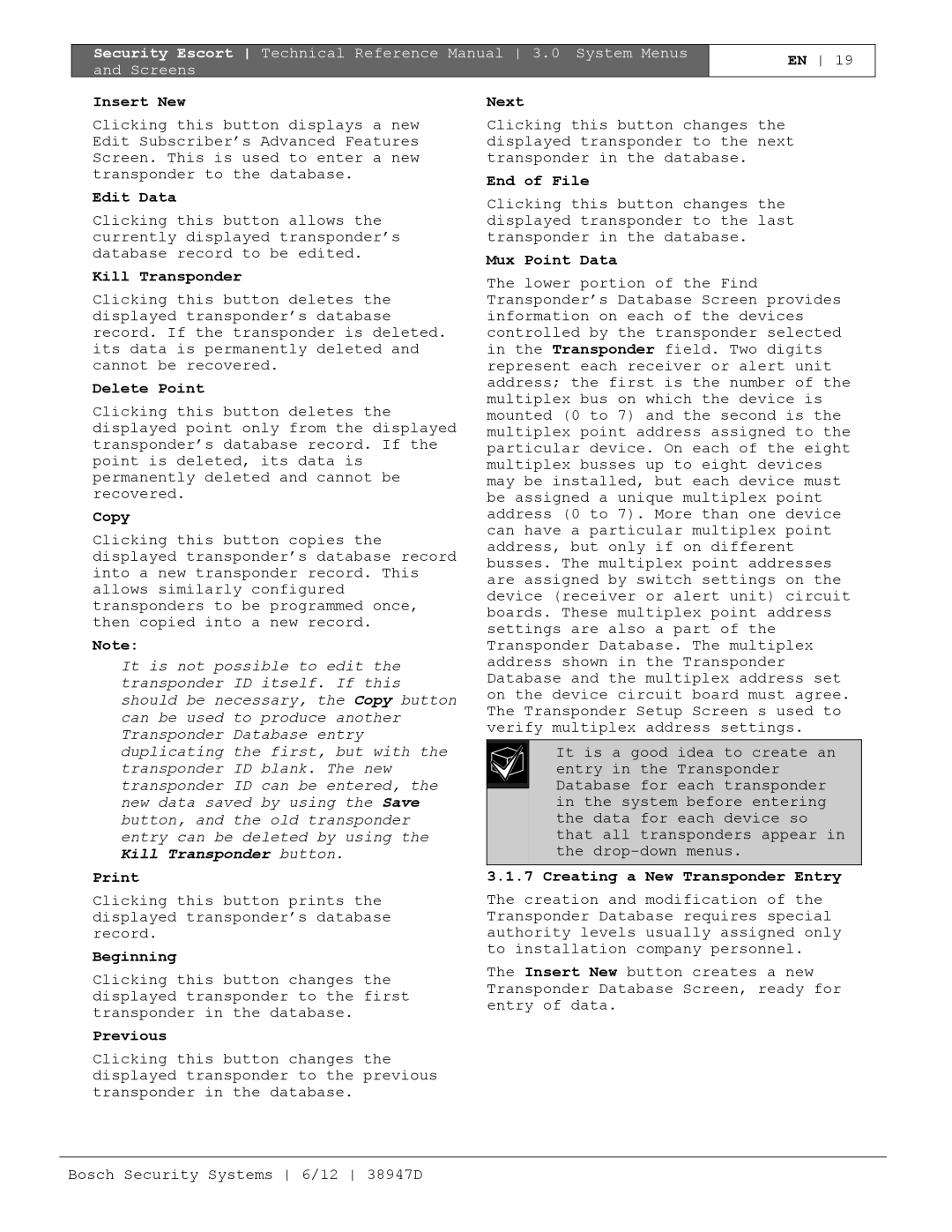 Bosch Appliances PT-400 Insert New, Edit Data, Kill Transponder, Delete Point, Copy, Print, Beginning, Previous, Next 