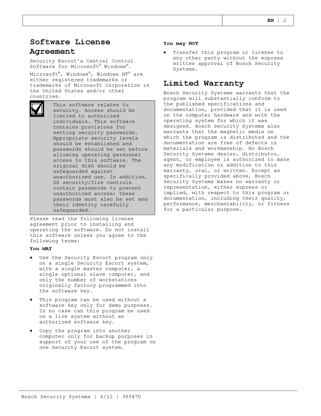 Bosch Appliances PT-400 manual Software License Agreement, Limited Warranty, You MAY, You may not 