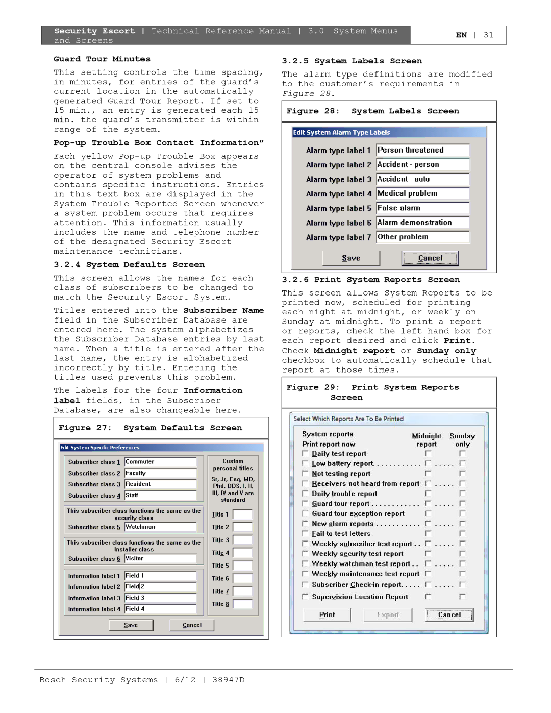 Bosch Appliances PT-400 manual Guard Tour Minutes, Pop-up Trouble Box Contact Information, System Defaults Screen 