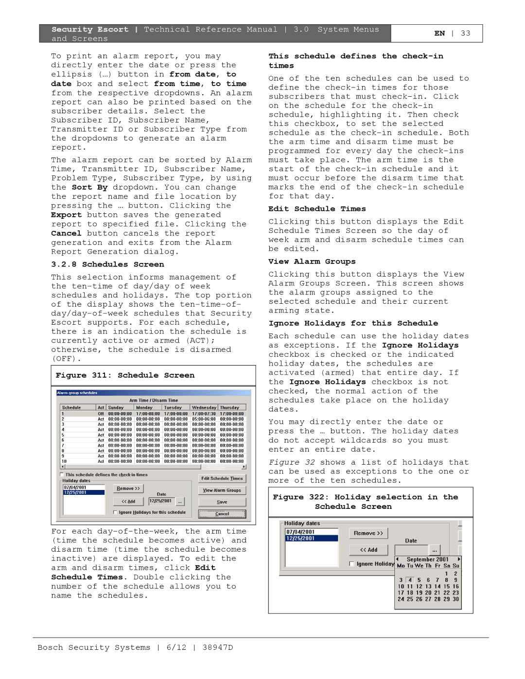 Bosch Appliances PT-400 Schedules Screen, This schedule defines the check-in times, Edit Schedule Times, View Alarm Groups 