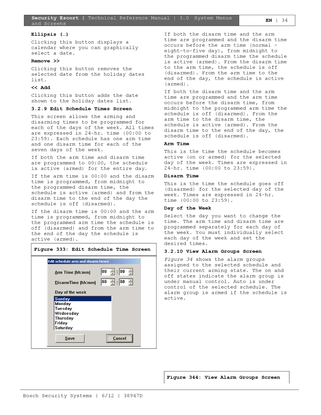 Bosch Appliances PT-400 manual Ellipsis …, Remove, Add, Edit Schedule Times Screen, Arm Time, Disarm Time, Day of the Week 