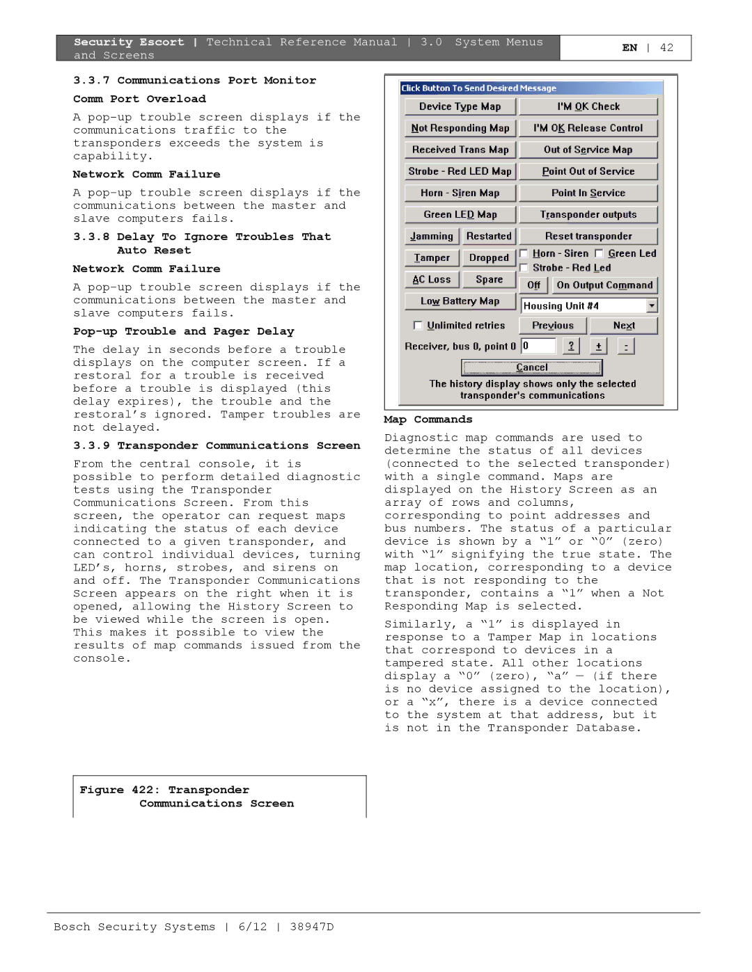 Bosch Appliances PT-400 manual Communications Port Monitor Comm Port Overload, Network Comm Failure, Map Commands 