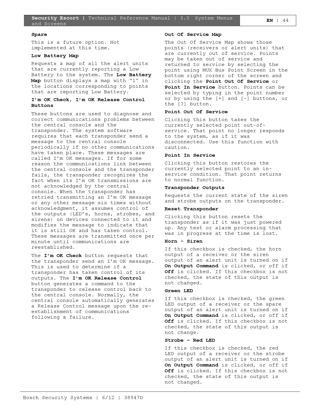 Bosch Appliances PT-400 Low Battery Map, ’m OK Check, I’m OK Release Control Buttons, Out Of Service Map, Point In Service 