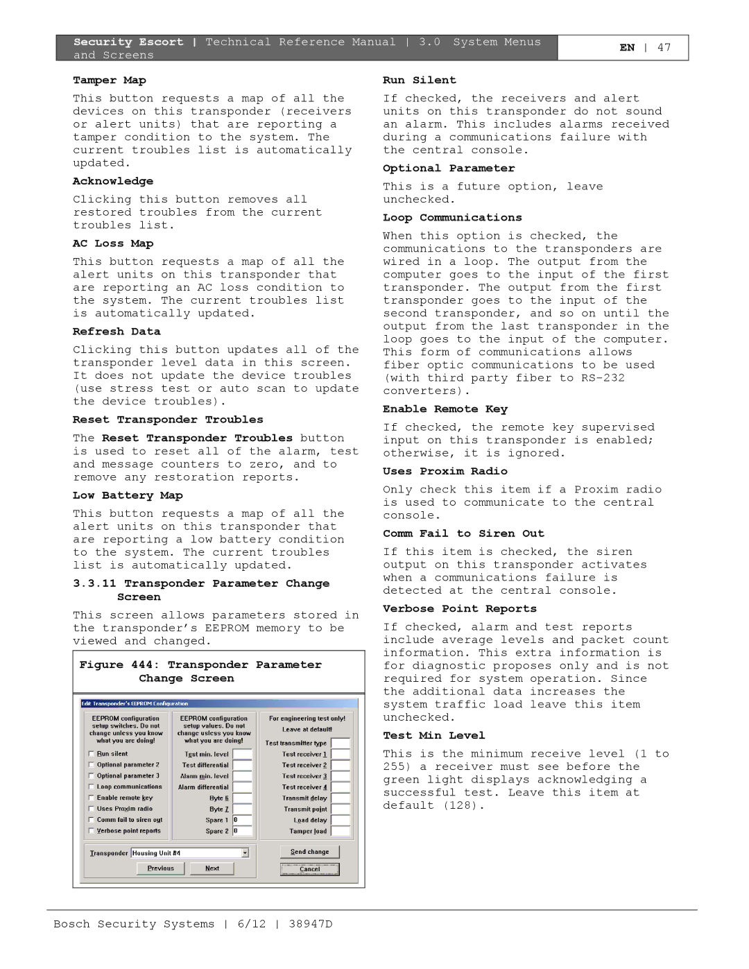 Bosch Appliances PT-400 Tamper Map, AC Loss Map, Refresh Data, Transponder Parameter Change Screen, Optional Parameter 