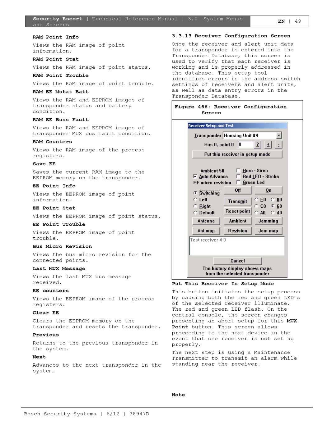 Bosch Appliances PT-400 RAM Point Info, RAM Point Stat, RAM Point Trouble, RAM EE Mstat Batt, RAM EE Buss Fault, Save EE 