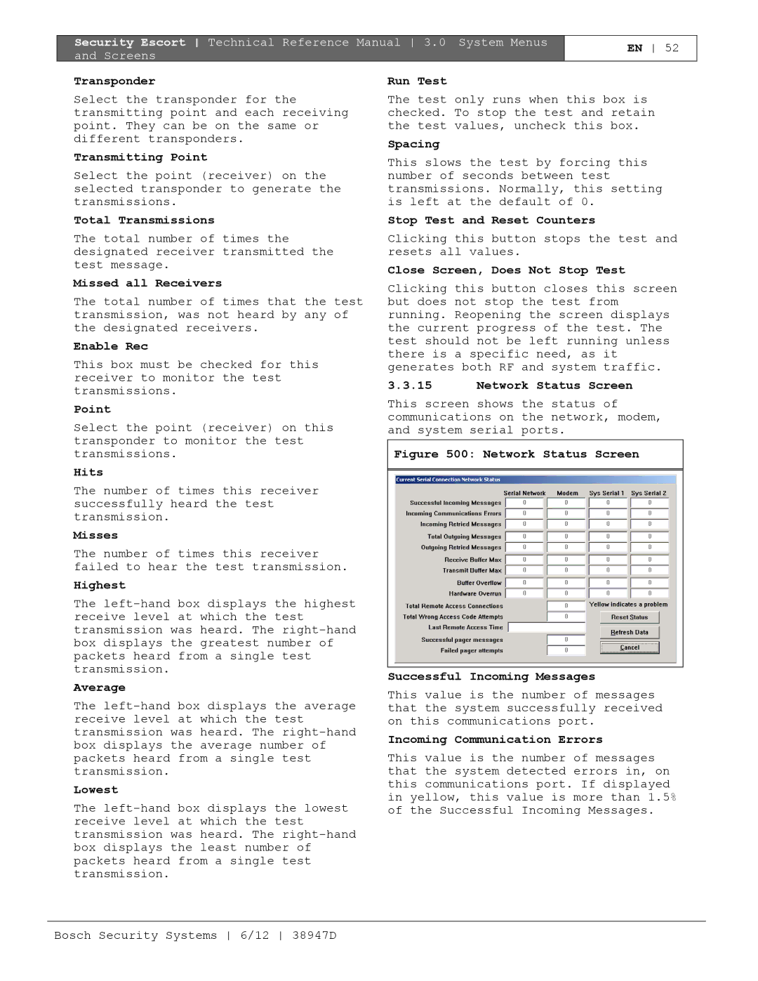 Bosch Appliances PT-400 Transmitting Point, Total Transmissions, Missed all Receivers, Enable Rec, Hits, Misses, Highest 