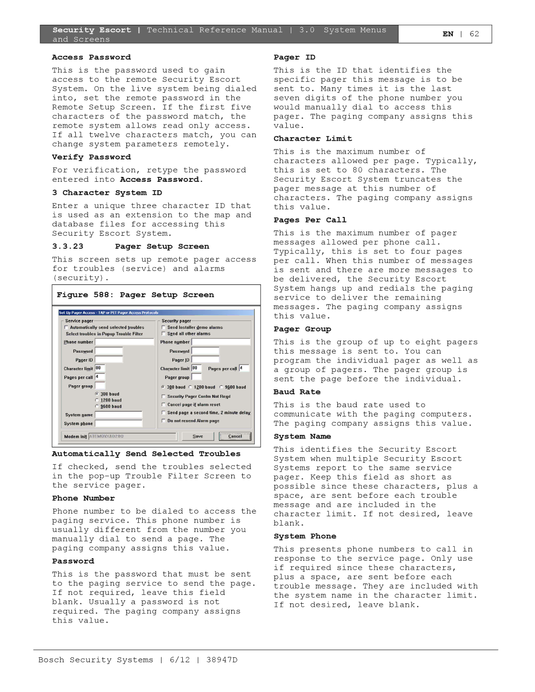 Bosch Appliances PT-400 manual Verify Password, Entered into Access Password Character System ID, Pager Setup Screen 