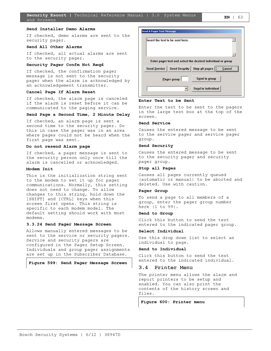 Bosch Appliances PT-400 manual Printer Menu 