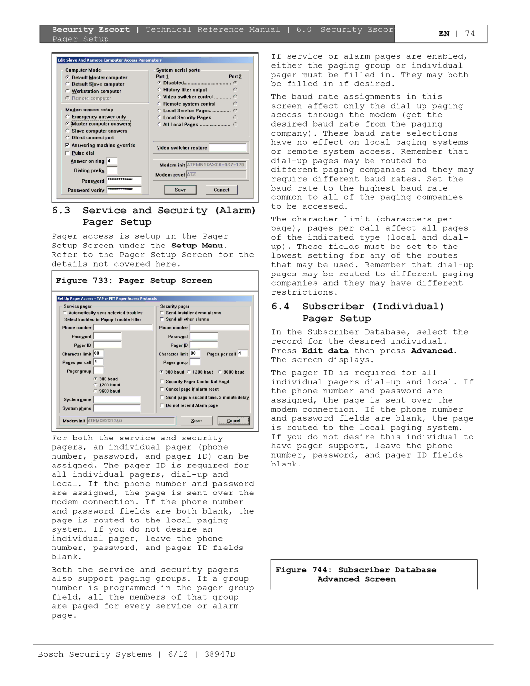 Bosch Appliances PT-400 manual Service and Security Alarm Pager Setup, Subscriber Database Advanced Screen 