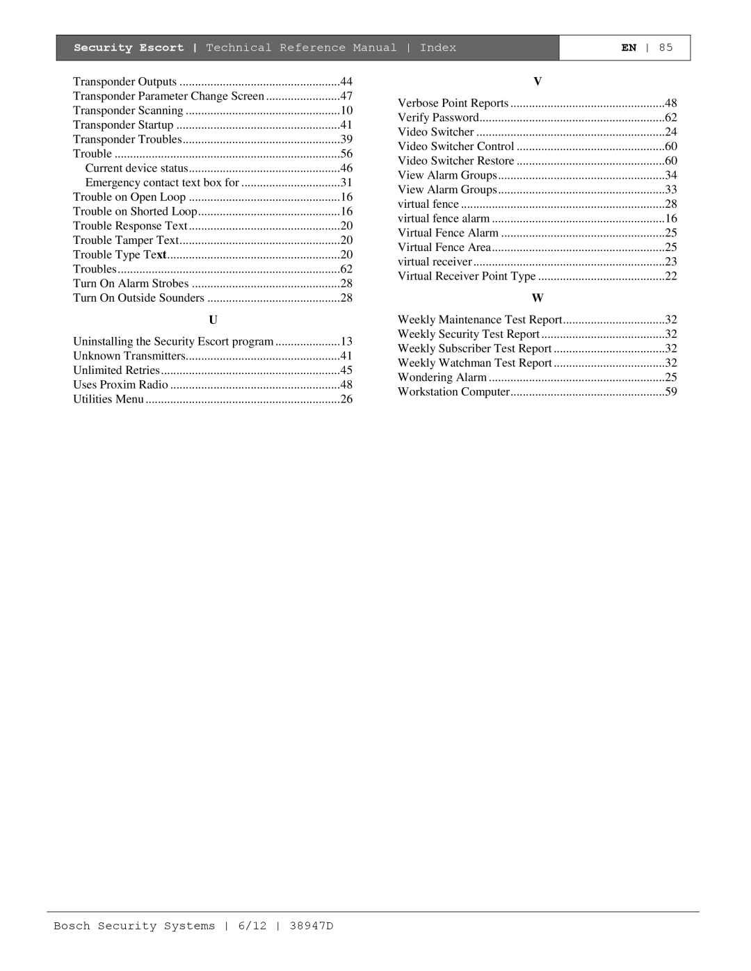 Bosch Appliances PT-400 manual Security Escort Technical Reference Manual Index 