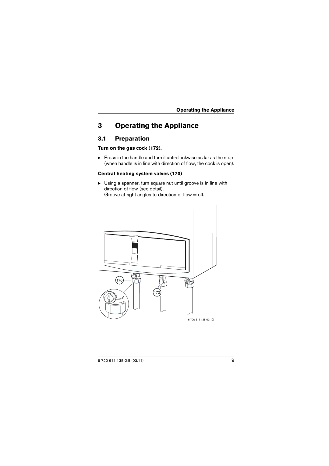 Bosch Appliances R 29 HE manual Operating the Appliance, Preparation, Turn on the gas cock, Central heating system valves 