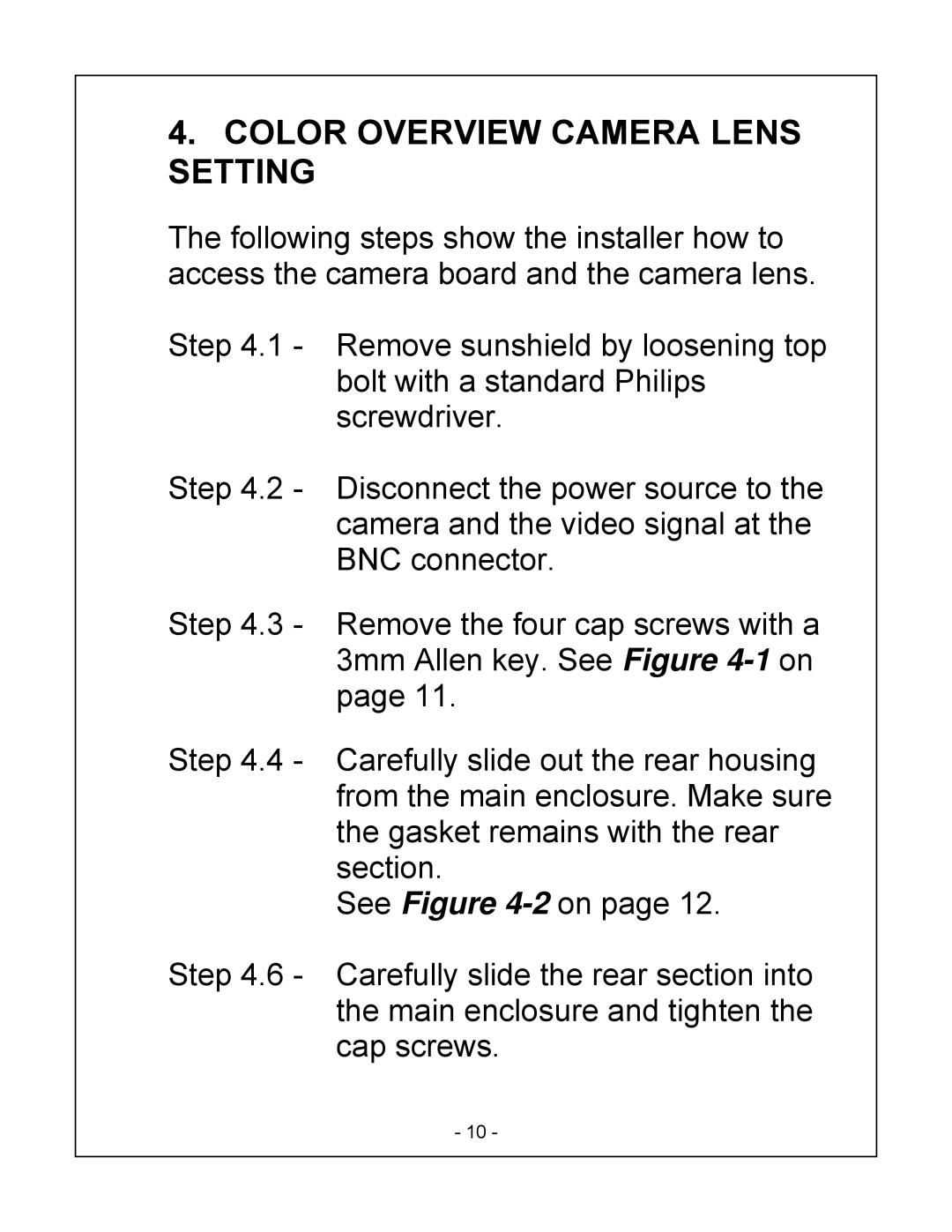 Bosch Appliances REG-D1 installation instructions Color Overview Camera Lens Setting 