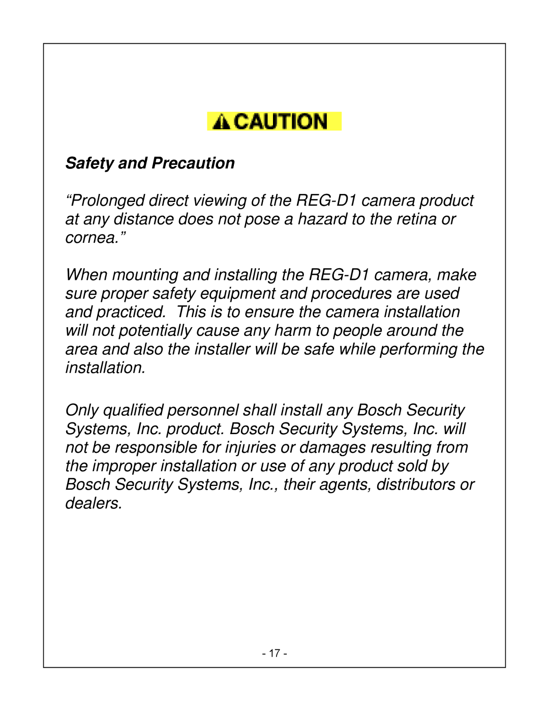 Bosch Appliances REG-D1 installation instructions Safety and Precaution 