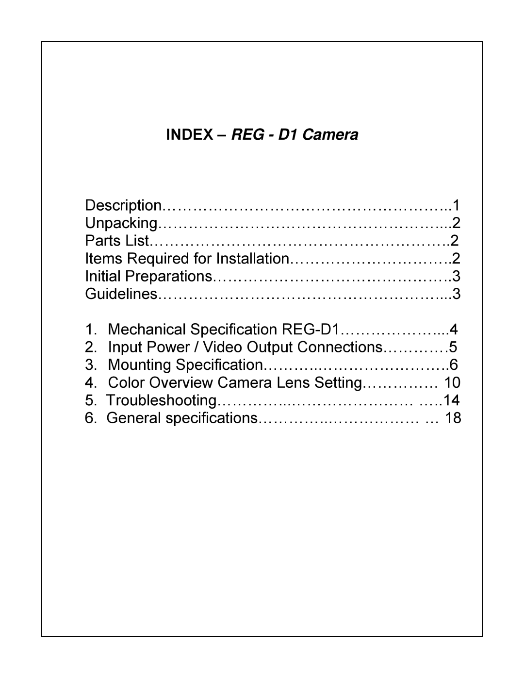 Bosch Appliances REG-D1 installation instructions Index REG D1 Camera 