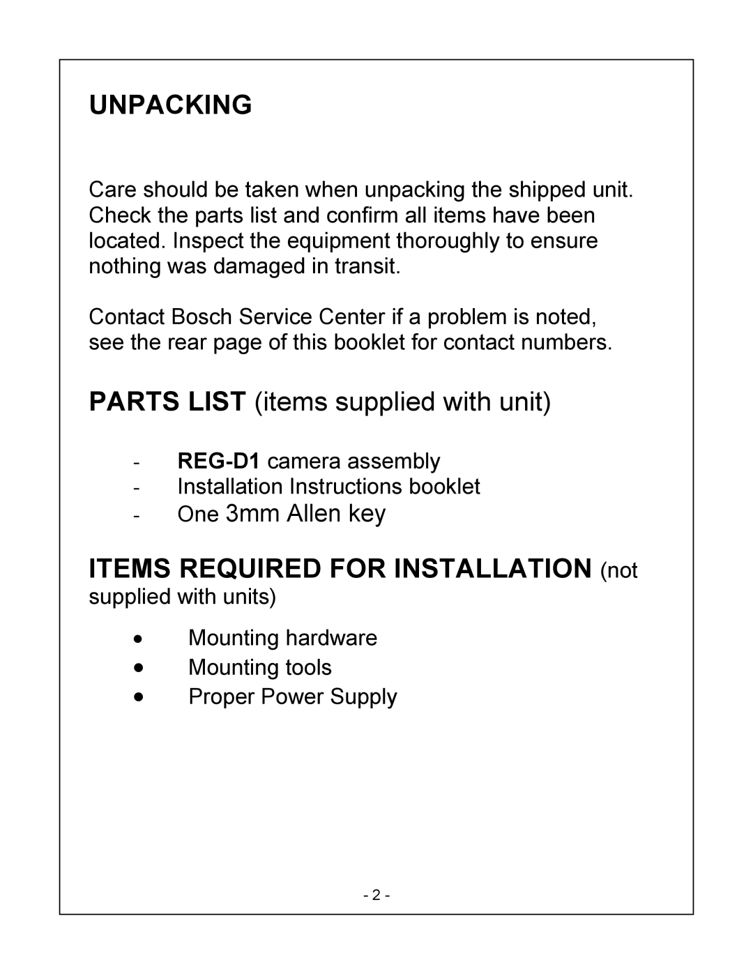 Bosch Appliances REG-D1 installation instructions Unpacking 