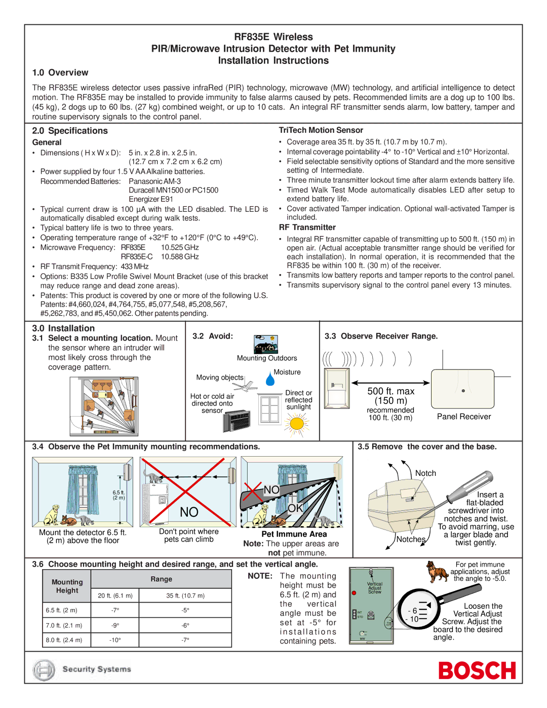 Bosch Appliances RF835E specifications Overview, Specifications 