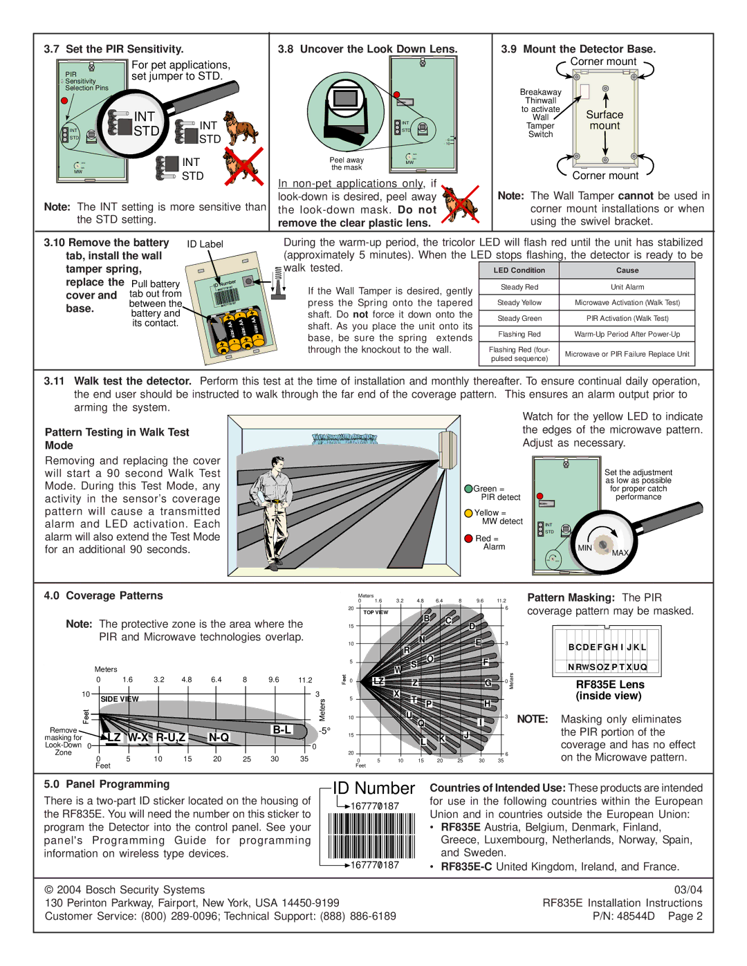 Bosch Appliances RF835E Remove the clear plastic lens, Remove the battery, Tab, install the wall, Tamper spring, Replace 