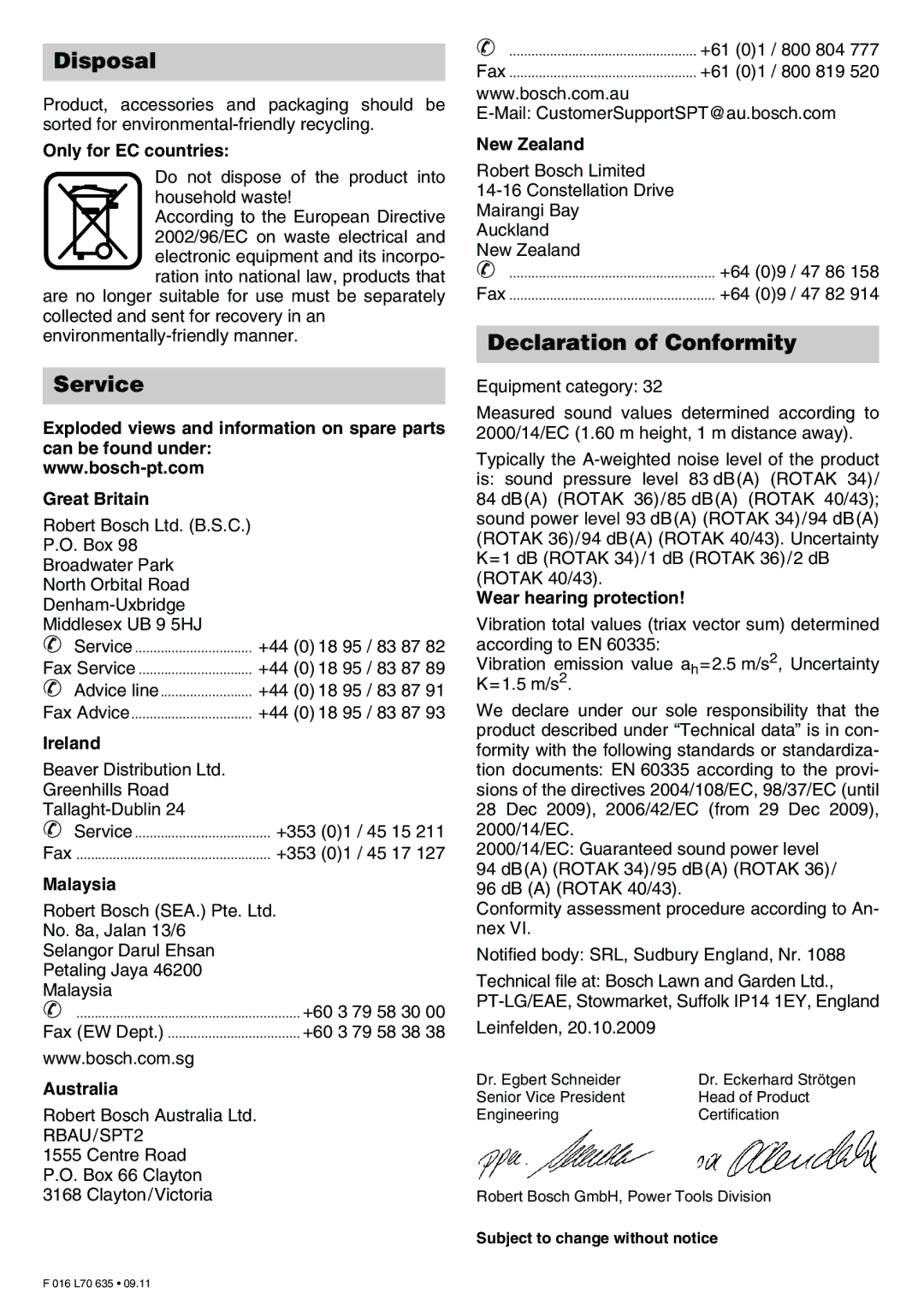 Bosch Appliances ROTAK 34, Rotak 34 operating instructions Disposal, Service, Declaration of Conformity 