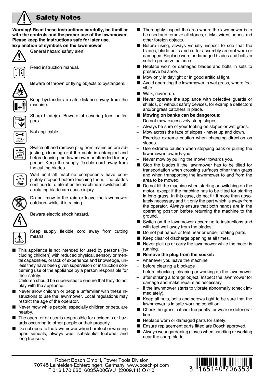 Bosch Appliances Rotak 34, ROTAK 34 operating instructions Safety Notes, Explanation of symbols on the lawnmower 