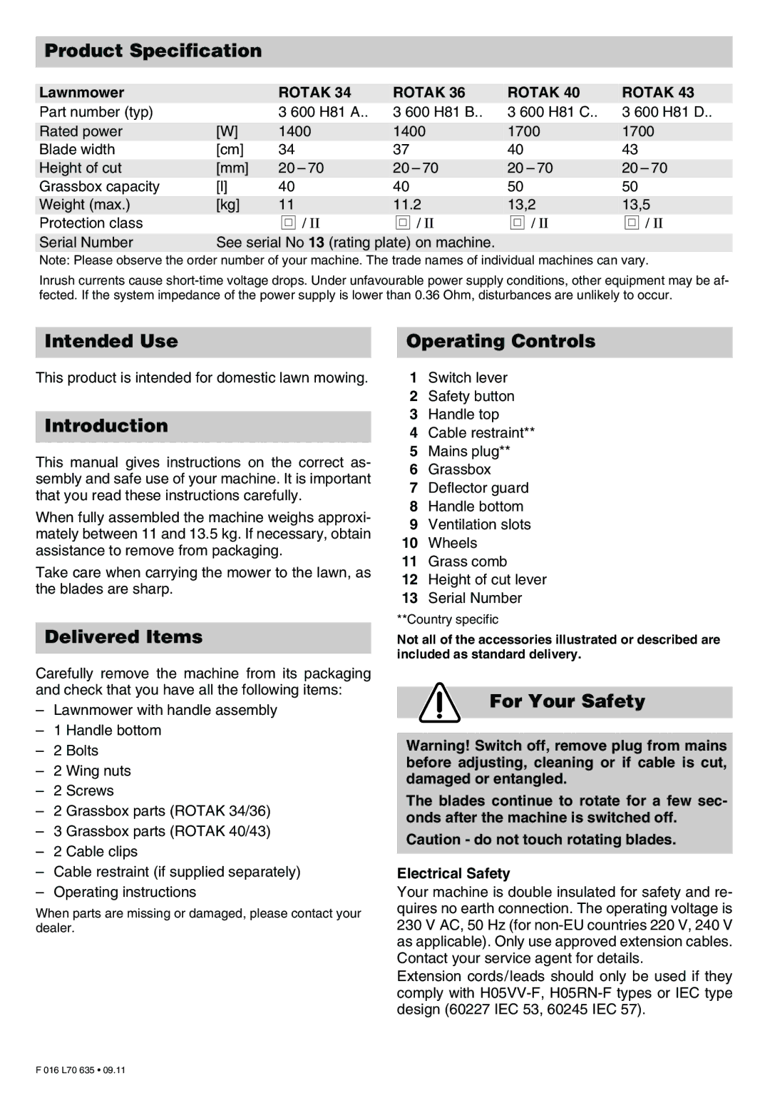 Bosch Appliances ROTAK 34, Rotak 34 Product Specification, Intended Use, Introduction, Delivered Items, Operating Controls 