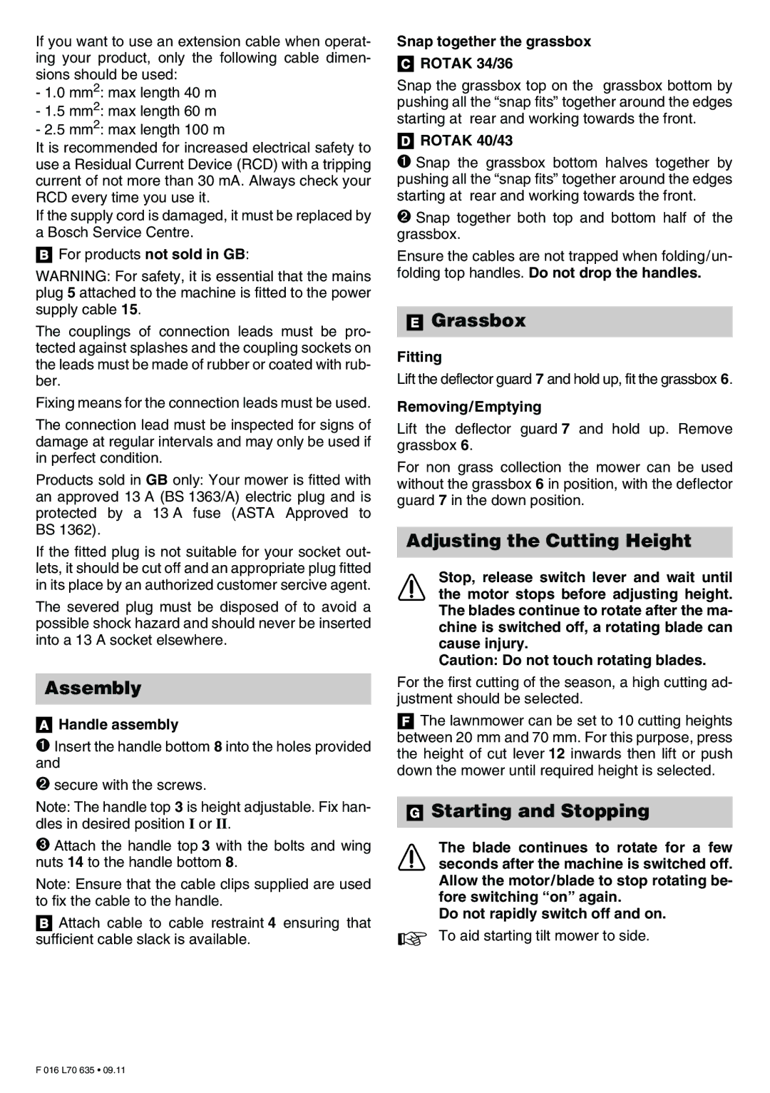 Bosch Appliances Rotak 34, ROTAK 34 Assembly, Grassbox, Adjusting the Cutting Height, Starting and Stopping 