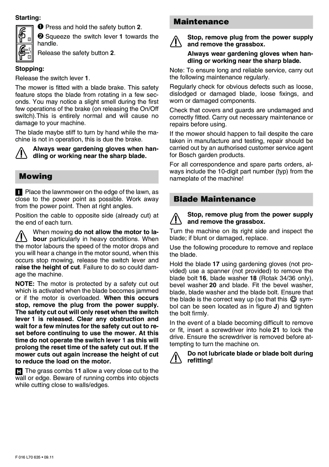 Bosch Appliances ROTAK 34, Rotak 34 operating instructions Mowing, Blade Maintenance 