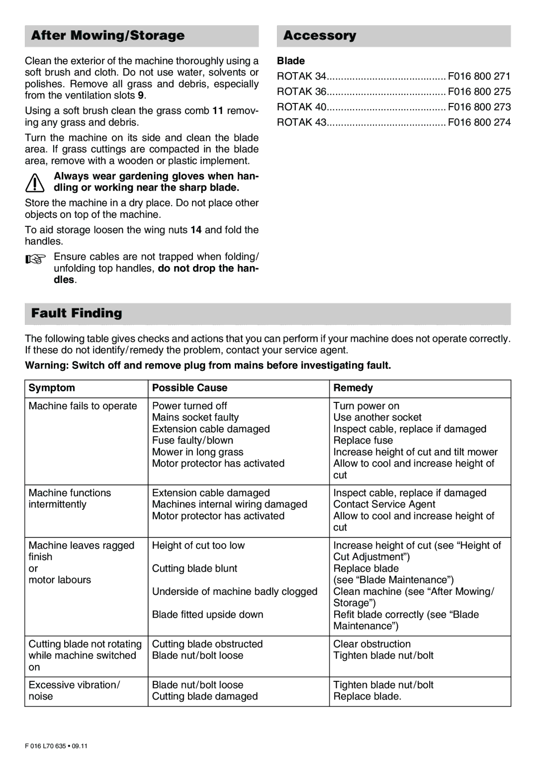 Bosch Appliances Rotak 34, ROTAK 34 After Mowing/Storage Accessory, Fault Finding, Blade, Symptom Possible Cause Remedy 