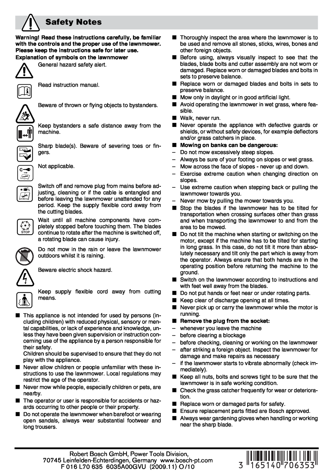 Bosch Appliances Rotak 34 Safety Notes, F 016 L70 635 6035A00GVU 2009.11 O /10, Explanation of symbols on the lawnmower 