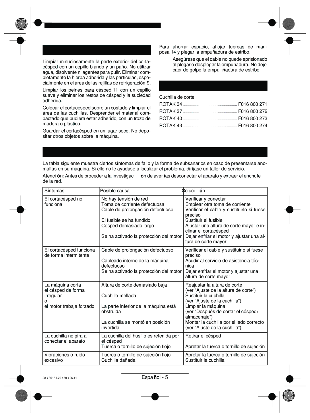 Bosch Appliances ROTAK 34, ROTAK 43 Después del corte/almacenaje, Accesorios, Investigación de averías, Cuchilla de corte 