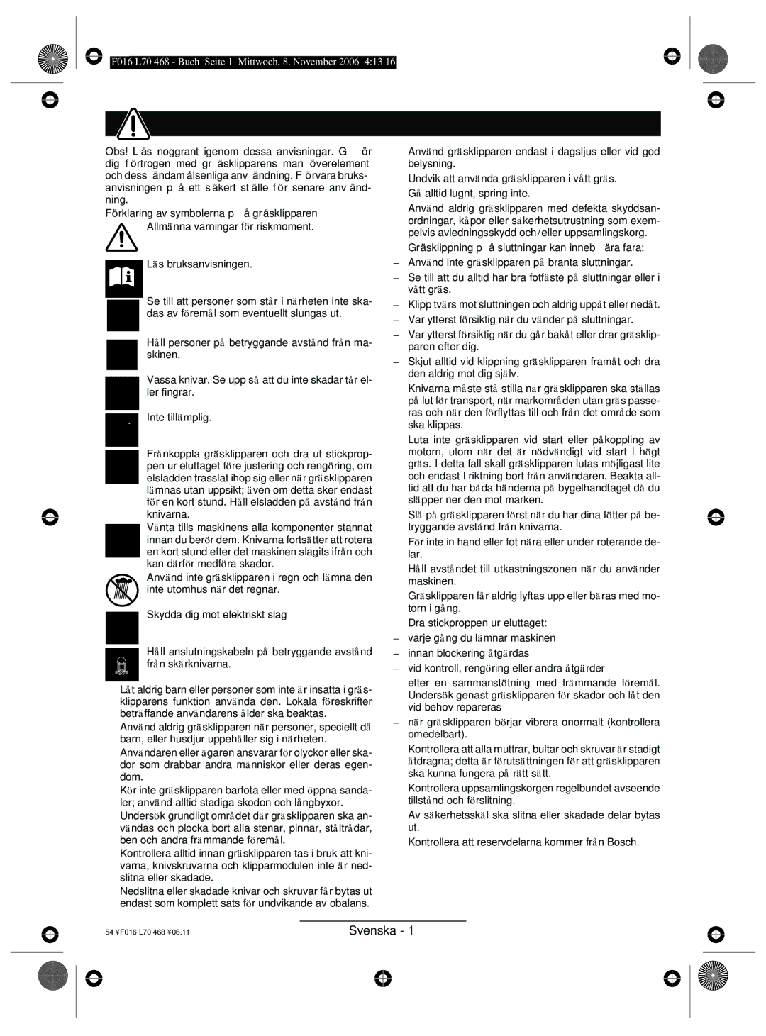 Bosch Appliances ROTAK 37, ROTAK 34, ROTAK 43, ROTAK 40 manual Säkerhetsanvisningar, Svenska 