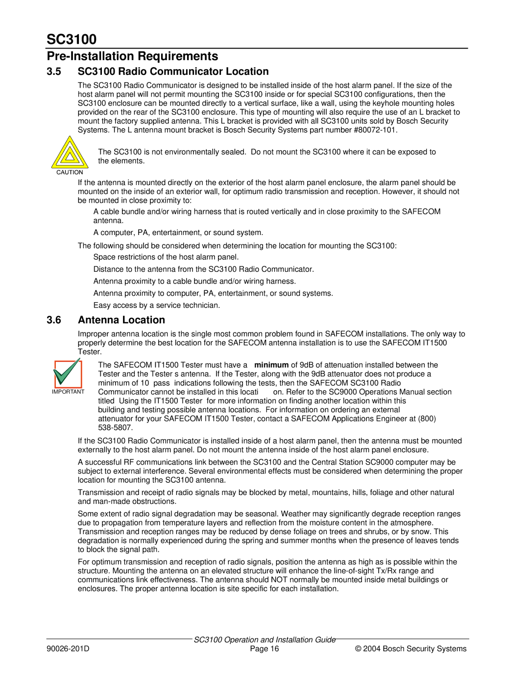 Bosch Appliances manual SC3100 Radio Communicator Location, Antenna Location 