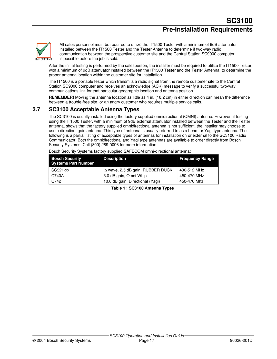 Bosch Appliances manual SC3100 Acceptable Antenna Types, SC3100 Antenna Types 