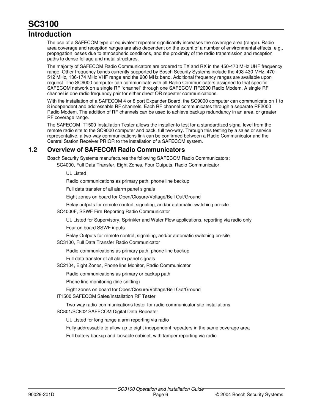 Bosch Appliances SC3100 manual Introduction, Overview of Safecom Radio Communicators 